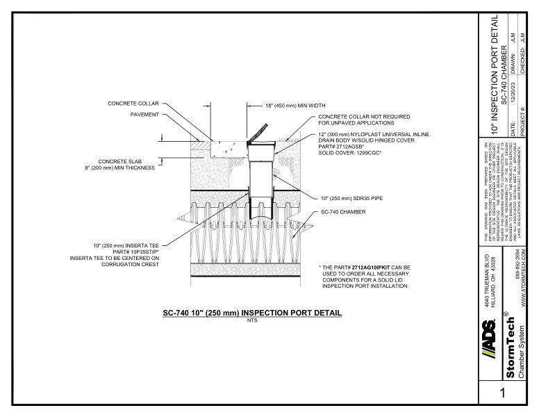 SC-740 10" (250 mm) StormTech Inspection Port Detail