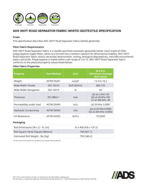1601T Road Separator Fabric (white) Geosynthetic Specification