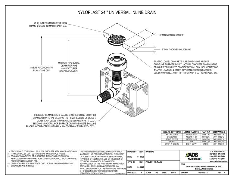 24" Universal Inline Drain Quick Spec Installation Nyloplast Detail
