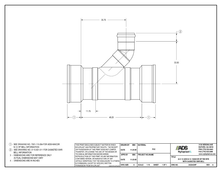 24 x 12 HP Tee Wye with Gasketed SWR Bell Nyloplast Detail