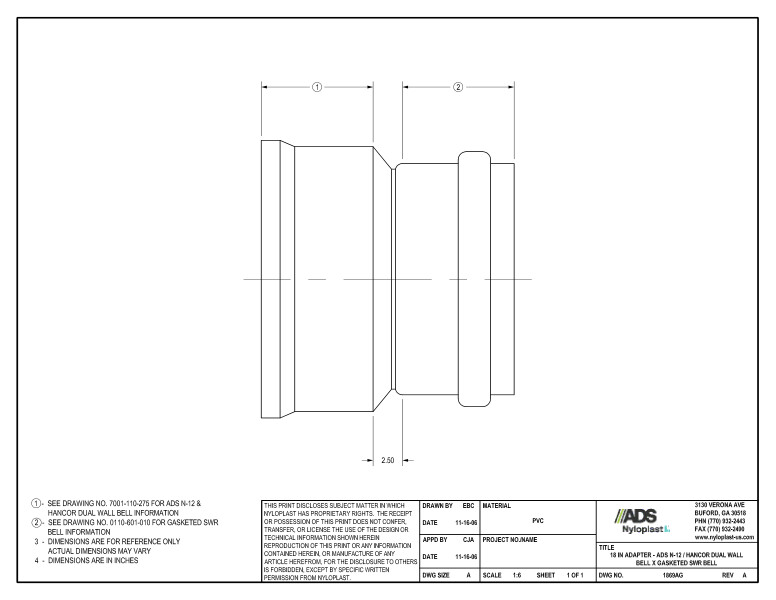 18" Adapter - N-12 Dual Wall Bell x Gasketed SWR Bell Nyloplast Detail