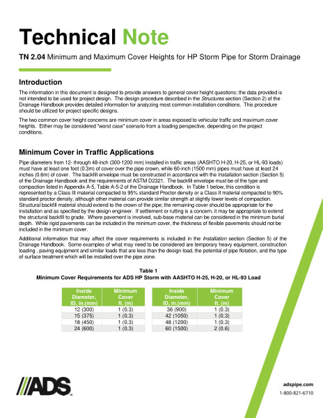 TN 2.04 Minimum Maximum Cover Heights for HP Storm for Storm Drainage 