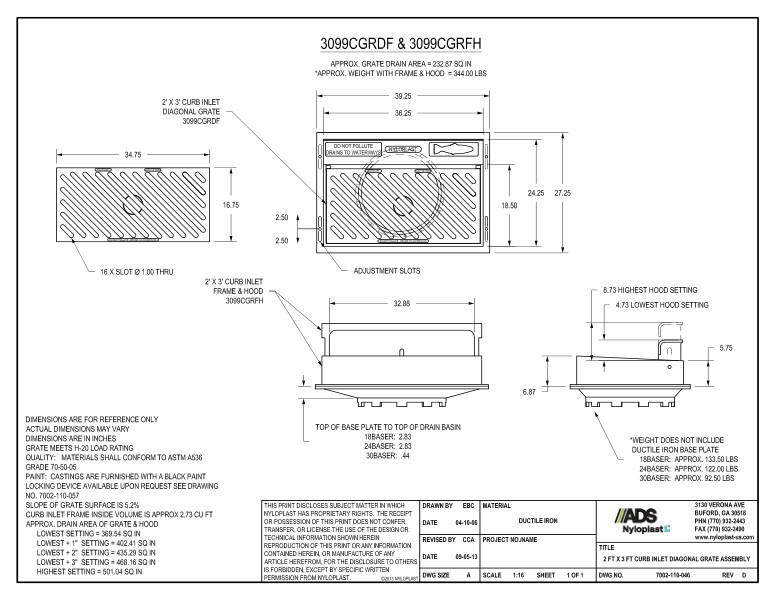 2' x 3' Curb Inlet Diagonal Grate Assembly Nyloplast Detail