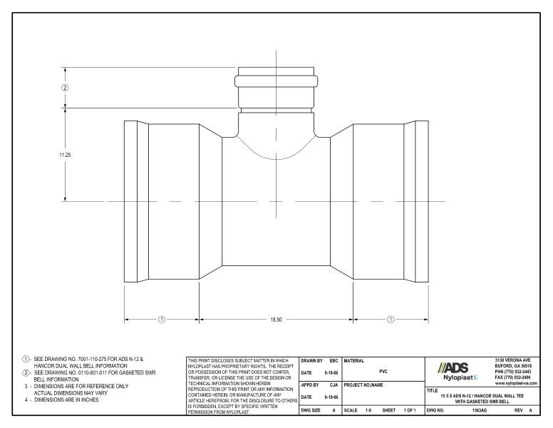 15 x 8 N-12 Dual Wall Tee with Gasketed SWR Bell Nyloplast Detail