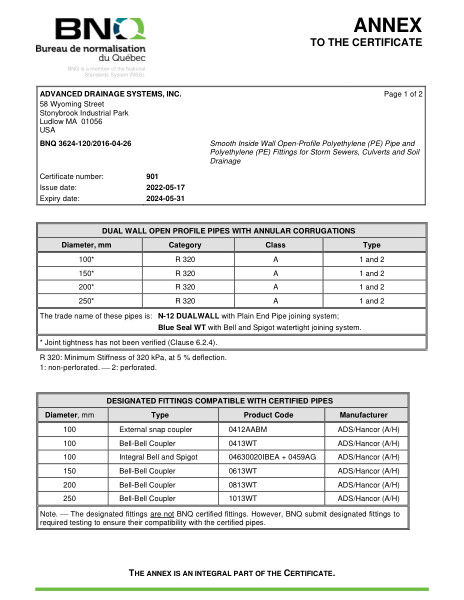 BNQ 3624-120 Smooth Inside Wall Polyethylene Pipe and Fittings ANNEX