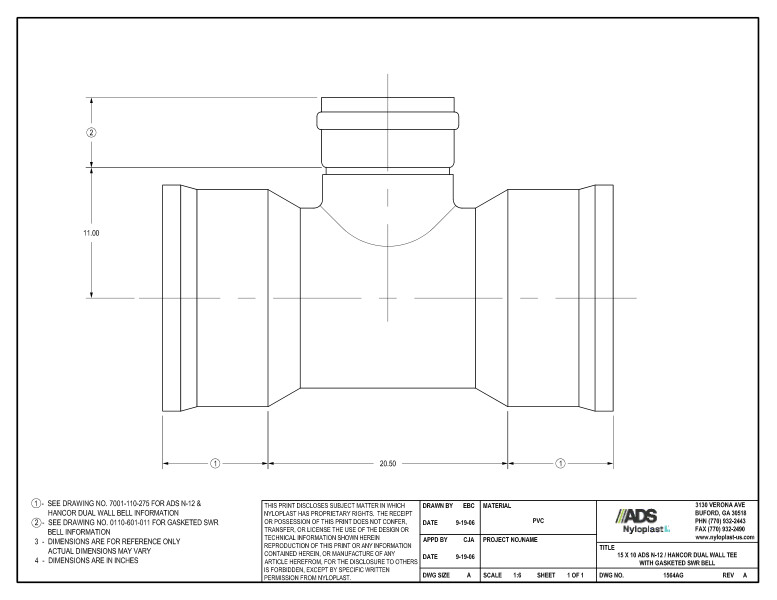 15 x 10 N-12 Dual Wall Tee with Gasketed SWR Bell Nyloplast Detail