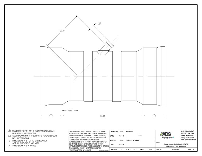 30 x 4 HP Wye with Gasketed SWR Bell Nyloplast Detail