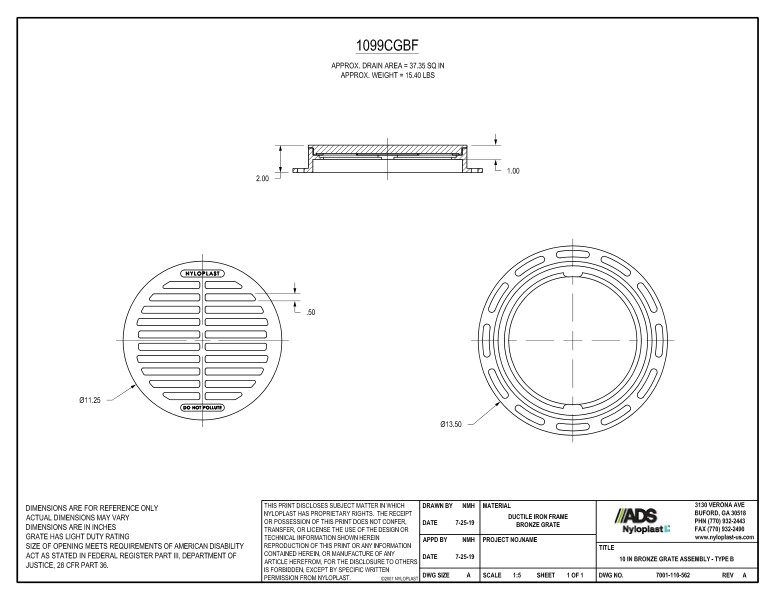 10" Bronze Grate Assembly (Drain Basin) Nyloplast Detail