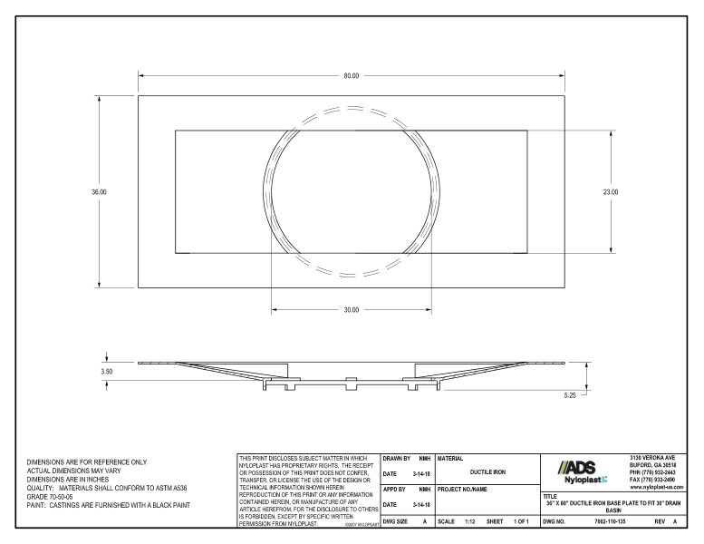 36" x 80" Ductile Iron Base Plate to Fit 30" Drain Basin Nyloplast Detail