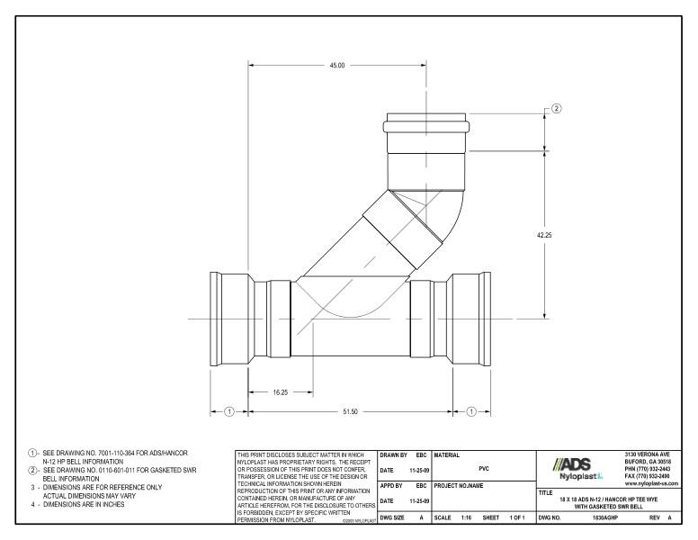 18 x 18 HP Tee Wye with Gasketed SWR Bell Nyloplast Detail