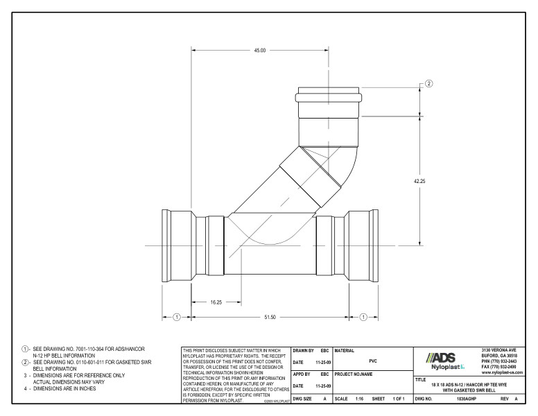 18 x 18 HP Tee Wye with Gasketed SWR Bell Nyloplast Detail