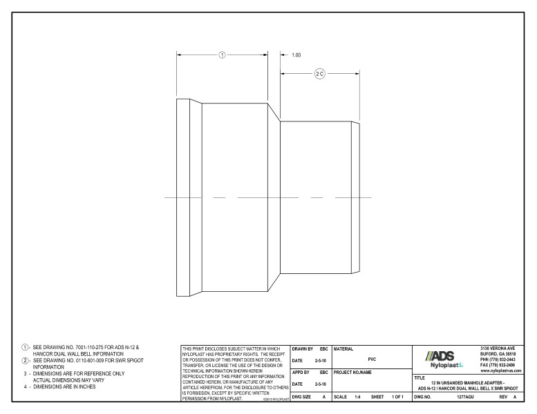 12" Unsanded Manhole Adapter - N-12 Dual Wall Bell x SWR Spigot Nyloplast Detail