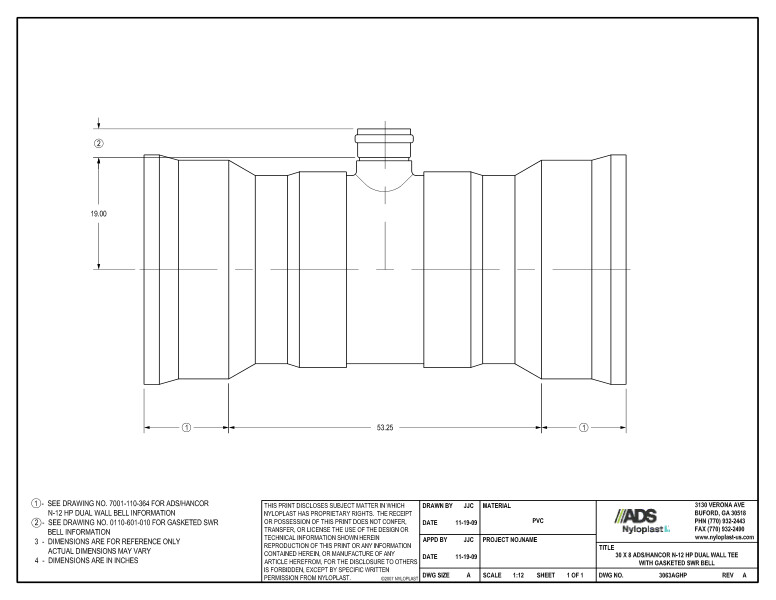 30 x 8 HP Tee with Gasketed SWR Bell Nyloplast Detail