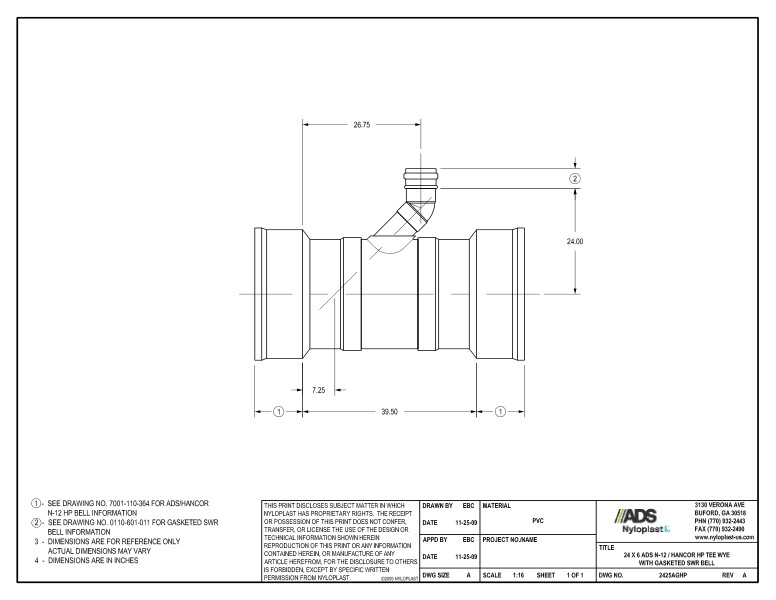 24 x 6 HP Tee Wye with Gasketed SWR Bell Nyloplast Detail