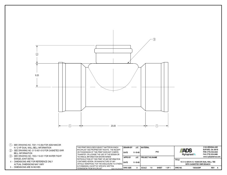 15 x 12 HP Tee with Gasketed SWR Bell Nyloplast Detail