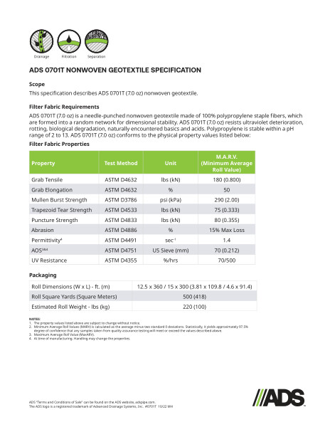 0701T Nonwoven Geosynthetic Specification