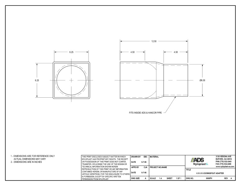 6 X 6 X 6 Downspout Adapter Nyloplast Detail