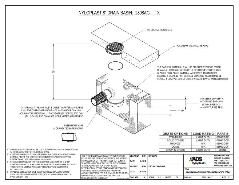 8" Drain Basin Quick Spec Installation Nyloplast Detail