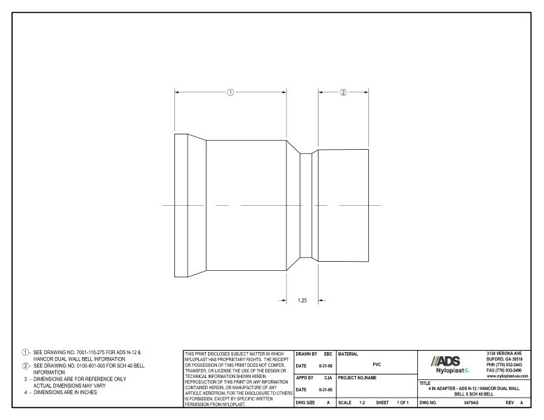 4" Adapter - N-12 Dual Wall Bell x SCH 40 Bell Nyloplast Detail