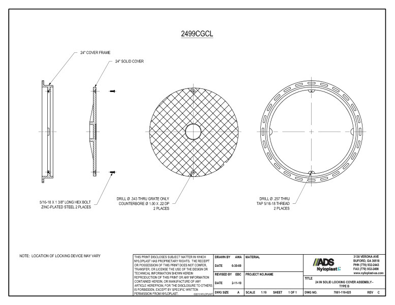 24" Solid Locking Cover Assembly Nyloplast Detail