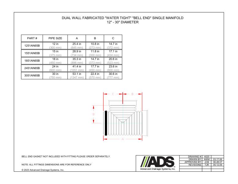 12" - 30" Fabricated Water Tight Bell End Single Manifold (HDPE Dual Wall Fabricated Manifolds Fittings)