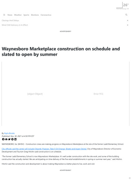 Waynesboro Marketplace Construction on Schedule and Slated to Open by Summer,  WHSV ABC/Fox Harrisonburg News, N-12, Case Study