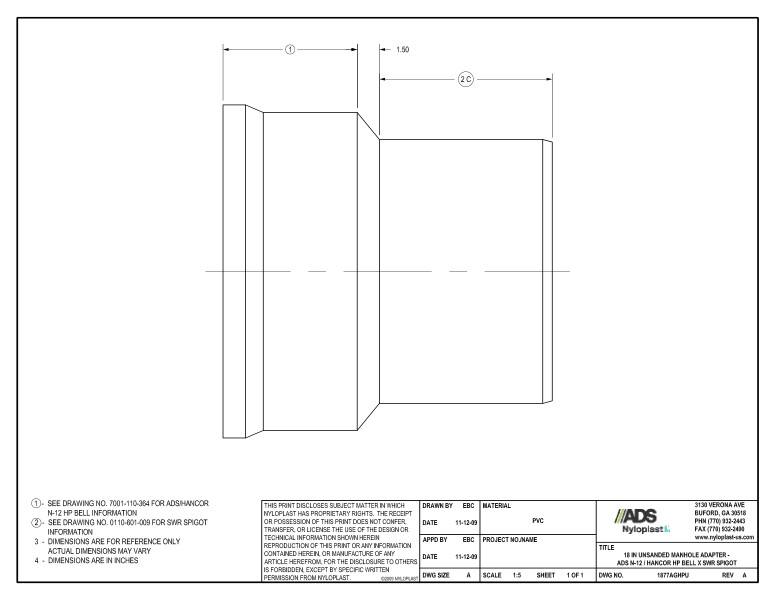 18" Unsanded Manhole Adapter - HP Bell x SWR Spigot Nyloplast Detail