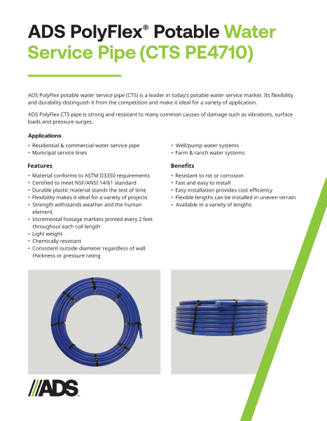 ADS PolyFlex Potable Water Service Tubing CTS Product Sheet