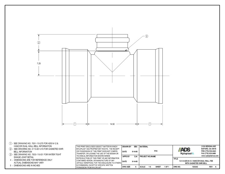 12 x 8 N-12 Dual Wall Tee with Gasketed SWR Bell Nyloplast Detail