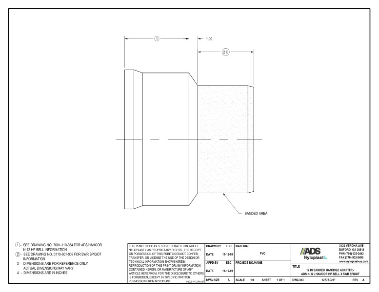 12" Sanded Manhole Adapter - HP Bell x SWR Spigot Nyloplast Detail