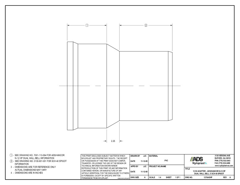 12" Adapter - HP Bell x SCH 40 Spigot Nyloplast Detail