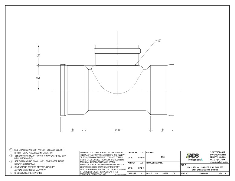 15 x 15 HP Tee with Gasketed SWR Bell Nyloplast Detail