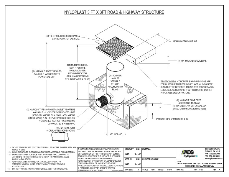 Drain Basin with 3' x 3' Road & Highway Grate Quick Spec Installation Nyloplast Detail