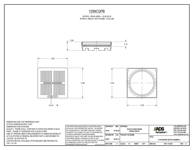 12" Bronze Grate Assembly Nyloplast Detail