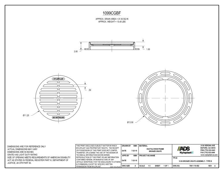 10" Bronze Grate Assembly (Drain Basin) Nyloplast Detail