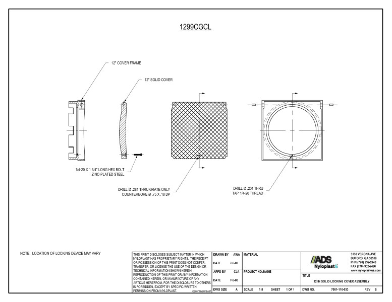 12" Solid Locking Cover Assembly Nyloplast Detail