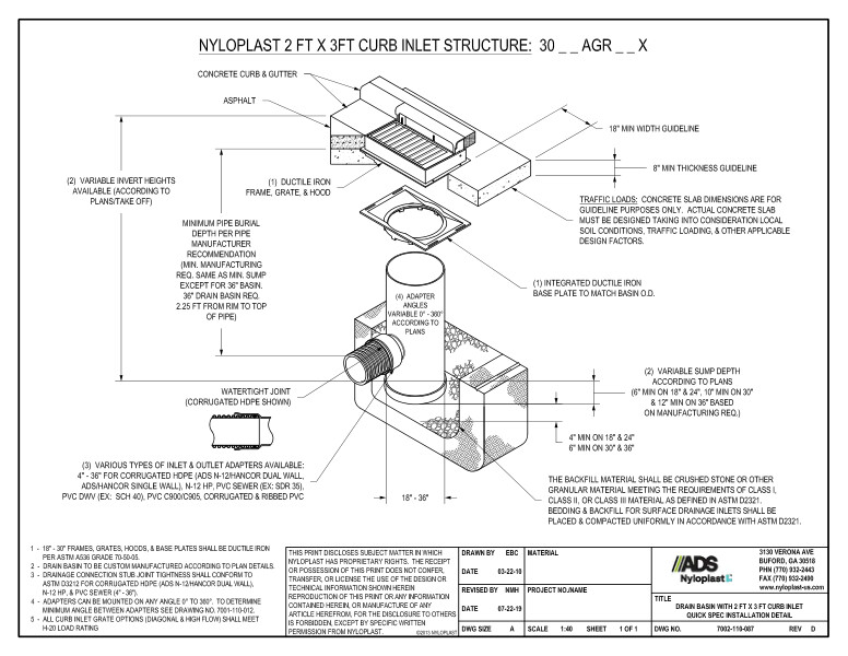 Drain Basin with 2' x 3' Curb Inlet Quick Spec Installation Nyloplast Detail