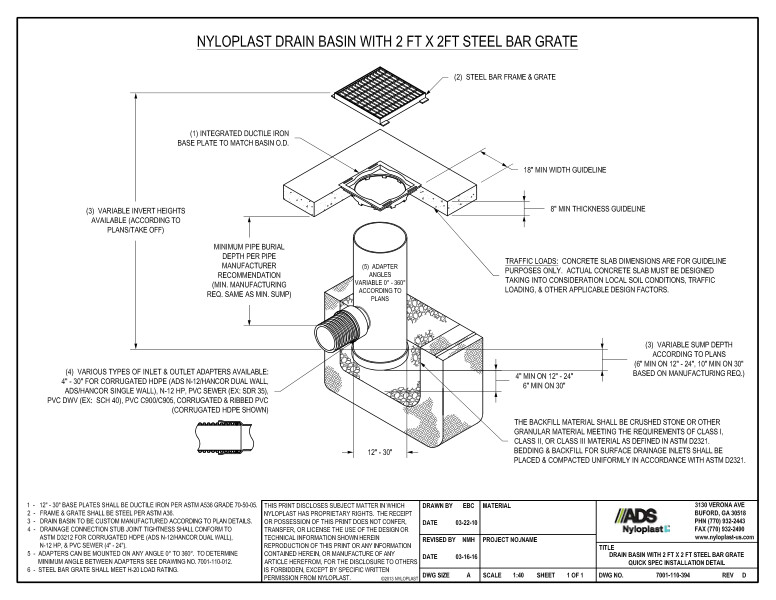 Drain Basin with 2' x 2' Steel Bar Grate Quick Spec Installation Nyloplast Detail