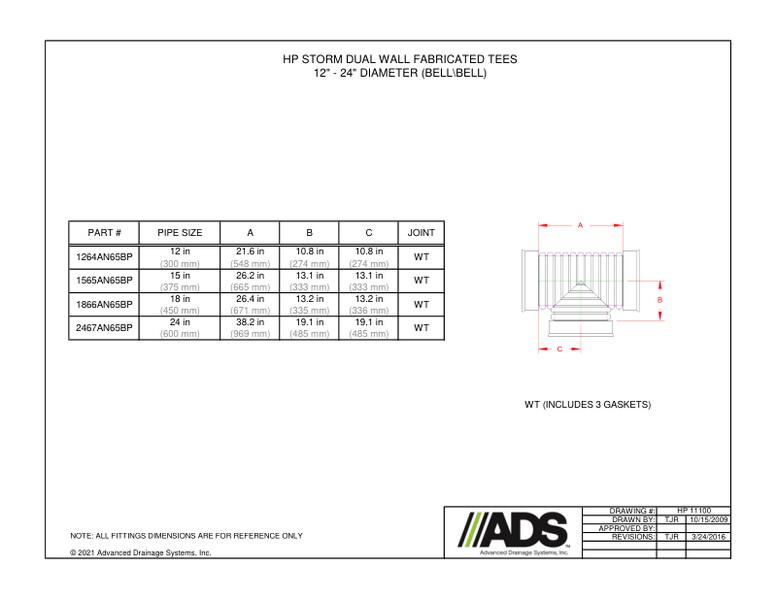 12"-24" Tee - Bell/Bell (HP Storm Tees Fittings Manual)