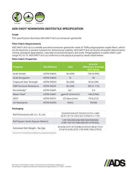 0401T Non-Woven Geosynthetic Specification