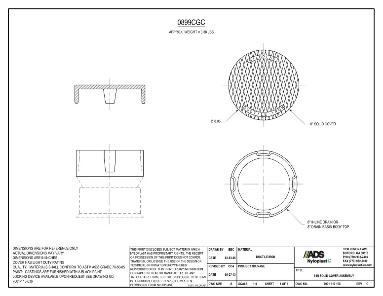 8" Solid Cover Assembly (Inline Drain) Nyloplast Detail