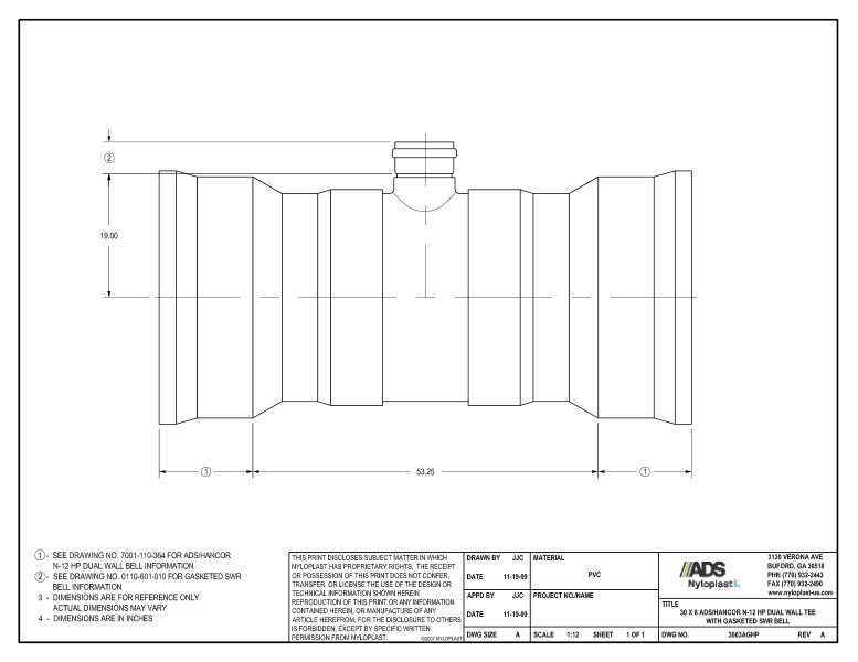 30 x 8 HP Tee with Gasketed SWR Bell Nyloplast Detail