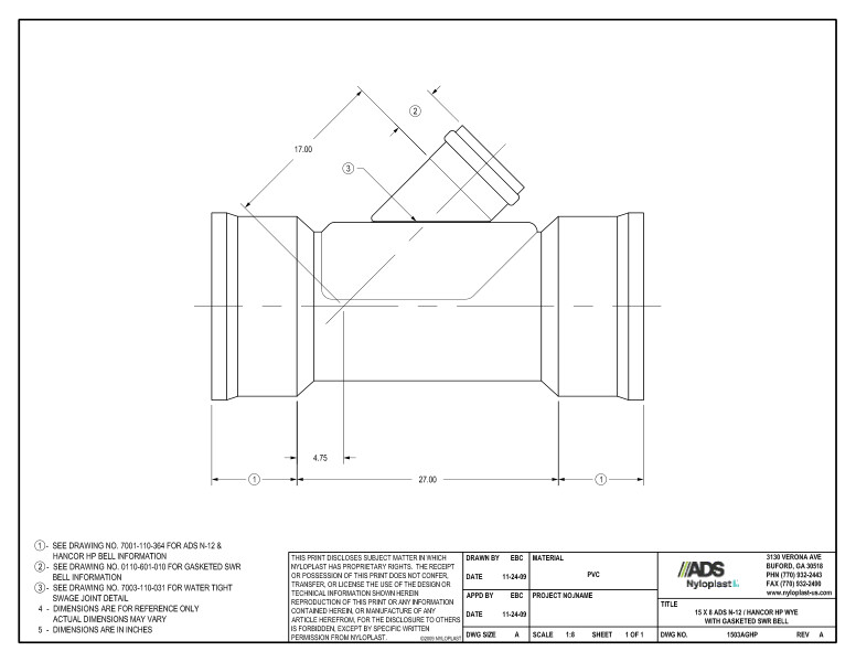 15 x 8 HP Wye with Gasketed SWR Bell Nyloplast Detail