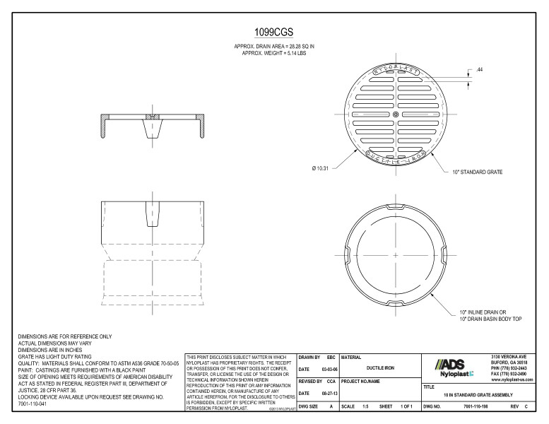 10" Standard Grate Assembly (Inline Drain) Nyloplast Detail