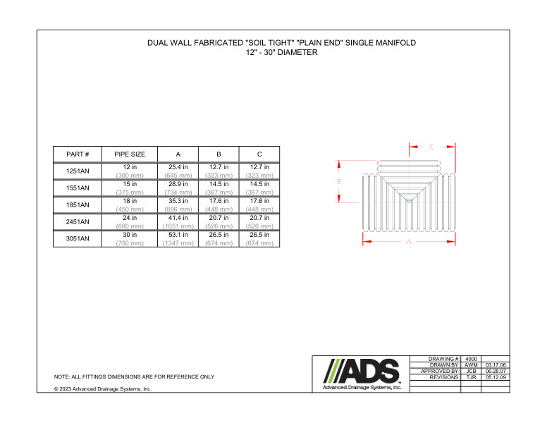 12" - 30" Fabricated Soil Tight Plain End Single Manifolds (HDPE Dual Wall Fabricated Manifolds Fittings)