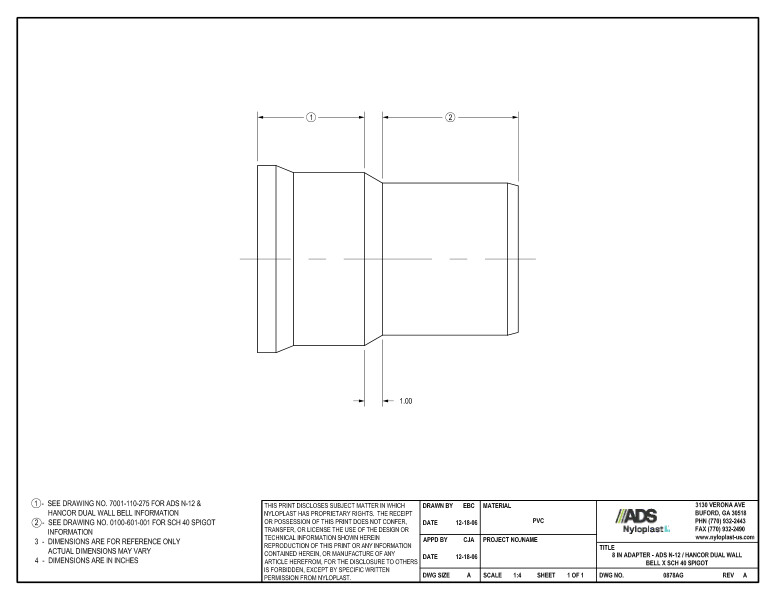 8" Adapter - N-12 Dual Wall Bell x SCH 40 Spigot Nyloplast Detail