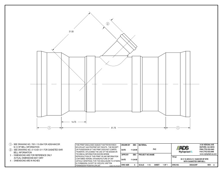 30 x 10 HP Wye with Gasketed SWR Bell Nyloplast Detail