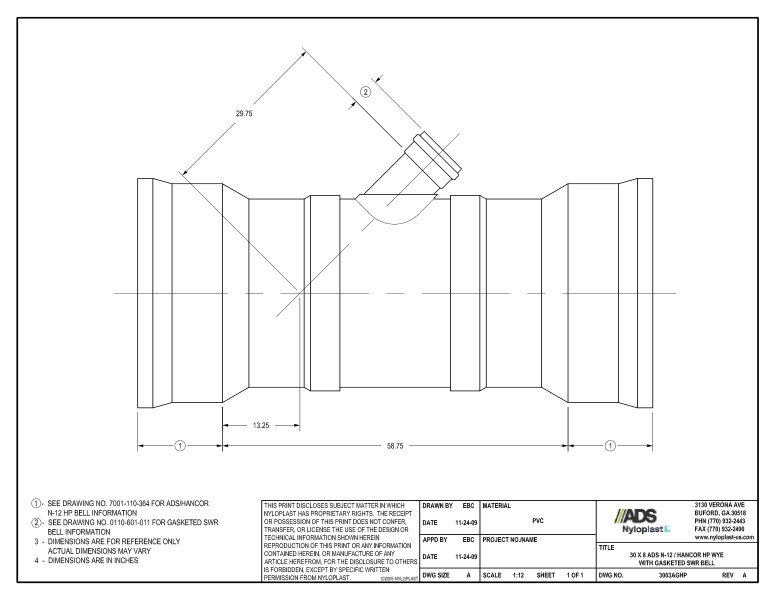 30 x 8 HP Wye with Gasketed SWR Bell Nyloplast Detail