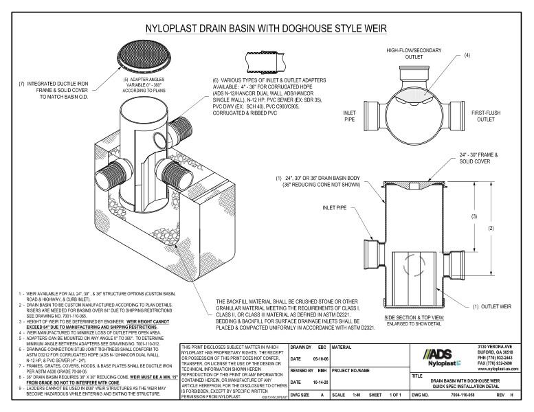 Drain Basin with Weir Quick Spec Installation Nyloplast Detail