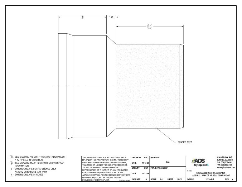 15" Sanded Manhole Adapter - HP Bell x SWR Spigot Nyloplast Detail